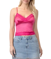 Stevie by Steve Madden Stretch Satin V-Neck Lace Trim Cami Top