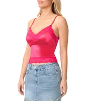 Stevie by Steve Madden Stretch Satin V-Neck Lace Trim Cami Top