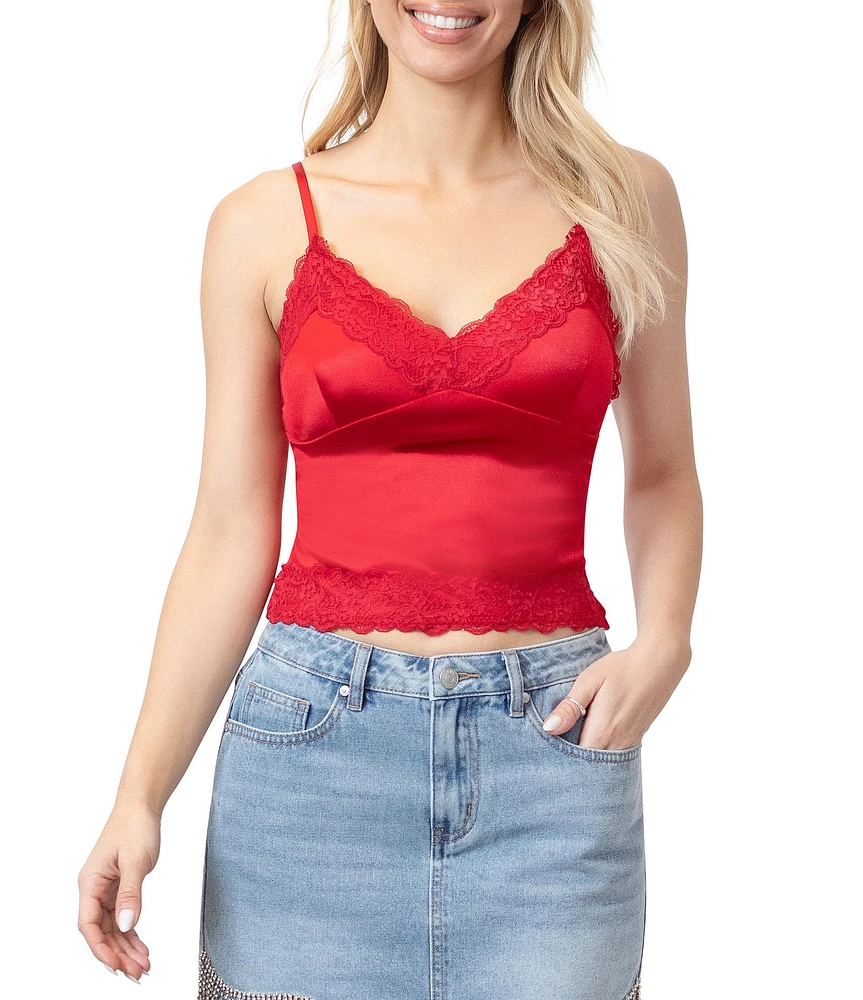 Stevie by Steve Madden Stretch Satin V-Neck Lace Trim Cami Top