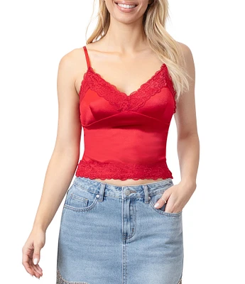 Stevie by Steve Madden Stretch Satin V-Neck Lace Trim Cami Top