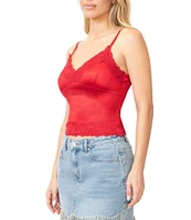 Stevie by Steve Madden Stretch Satin V-Neck Lace Trim Cami Top