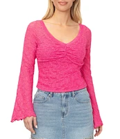 Stevie by Steve Madden Textured Stretch Lace V-Neck Long Bell Sleeve Top