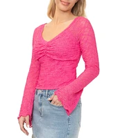 Stevie by Steve Madden Textured Stretch Lace V-Neck Long Bell Sleeve Top