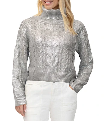 Stevie by Steve Madden Turtle Neck Cable Foil Printed Pullover