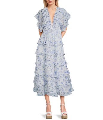 Storia Floral Print Deep V-Neck Flutter Sleeve Tiered Midi Dress