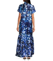 Sugarlips Abay Floral Dime Organza Mock Neck Bow Back Short Sleeve Maxi Dress