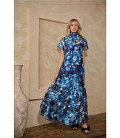 Sugarlips Abay Floral Dime Organza Mock Neck Bow Back Short Sleeve Maxi Dress