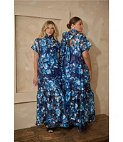 Sugarlips Abay Floral Dime Organza Mock Neck Bow Back Short Sleeve Maxi Dress