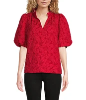 Sugarlips Arielle Jacquard Floral Print Split V-Neck Short Puff Sleeve Top