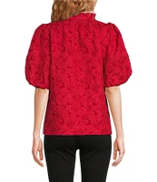 Sugarlips Arielle Jacquard Floral Print Split V-Neck Short Puff Sleeve Top