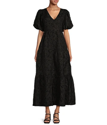 Sugarlips Arielle Jacquard V Neck Short Puff Sleeve Tiered Maxi Dress