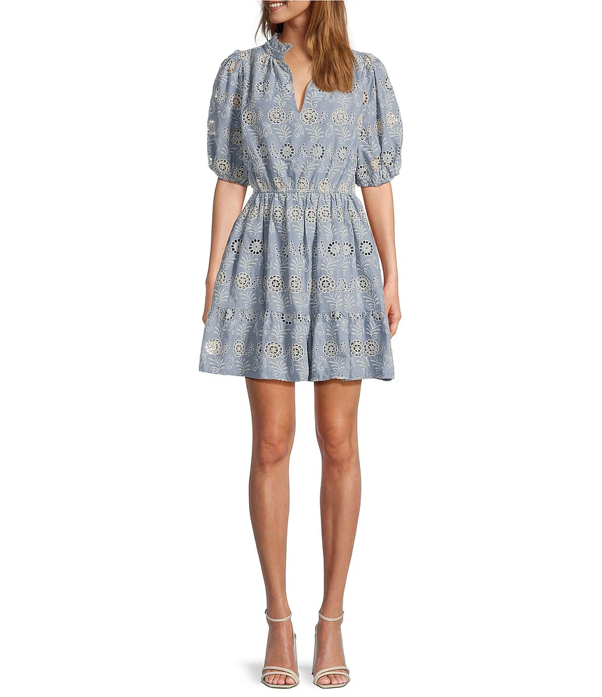 Sugarlips Blue Rosie V-Neck Short Puff Sleeve Eyelet Mini Dress