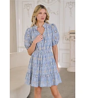 Sugarlips Blue Rosie V-Neck Short Puff Sleeve Eyelet Mini Dress