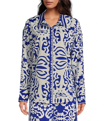 Sugarlips Border Print Oversized Long Sleeve Button Front Shirt
