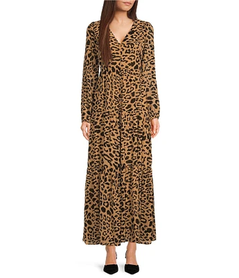 Sugarlips Chiffon Leopard Print Mabel V-Neck Long Sleeve Tiered Maxi Dress