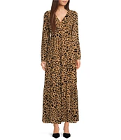 Sugarlips Chiffon Leopard Print Mabel V-Neck Long Sleeve Tiered Maxi Dress