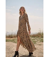 Sugarlips Chiffon Leopard Print Mabel V-Neck Long Sleeve Tiered Maxi Dress