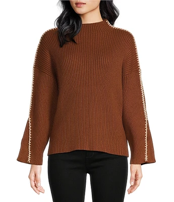 Sugarlips Cole Ribbed Knit Mock Neck Long Sleeve Contrast Stitch Sweater