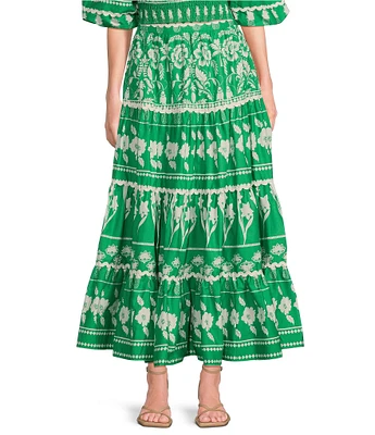 Sugarlips Coordinaitng Printed Rick Rack Trimmed Tiered High Waisted Maxi Skirt