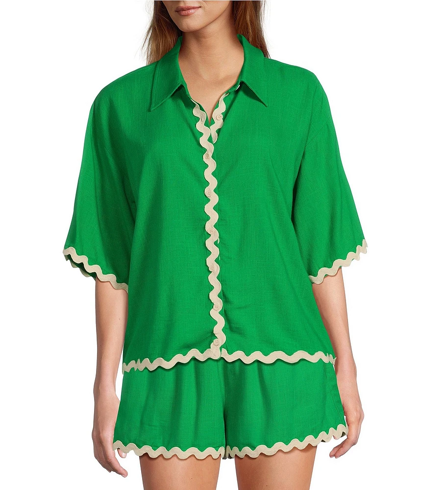 Sugarlips Coordinating Collar Neck Short Sleeve Button Down Rick Rack Trim Shirt
