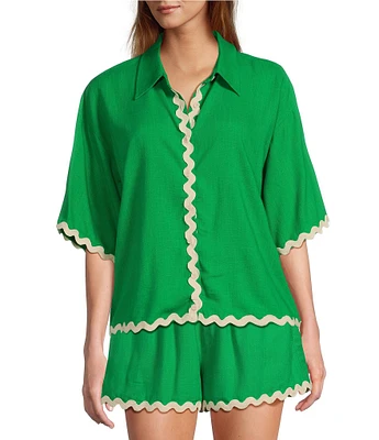 Sugarlips Coordinating Collar Neck Short Sleeve Button Down Rick Rack Trim Shirt