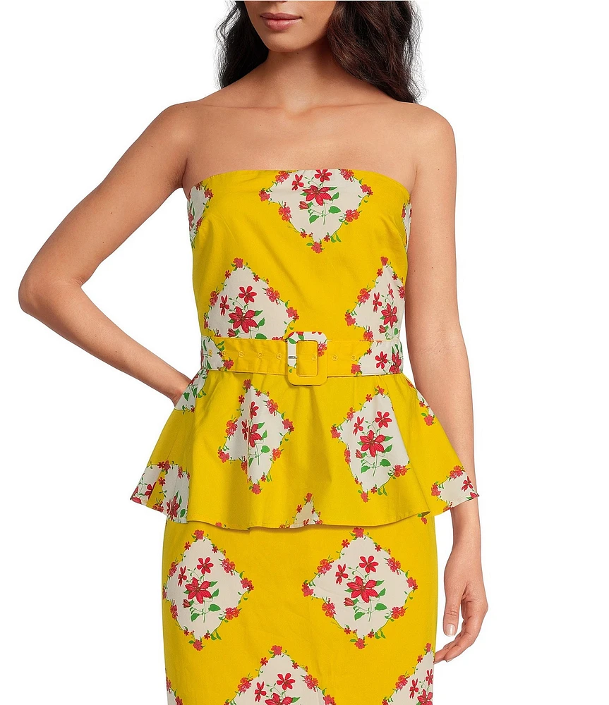 Sugarlips Coordinating Floral Print Strapless Sleeveless Belted Peplum Top