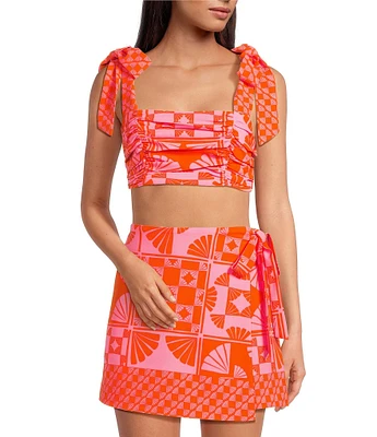 Sugarlips Coordinating Haines Town Printed Square Neck Sleeveless Ruched Tie Straps Top
