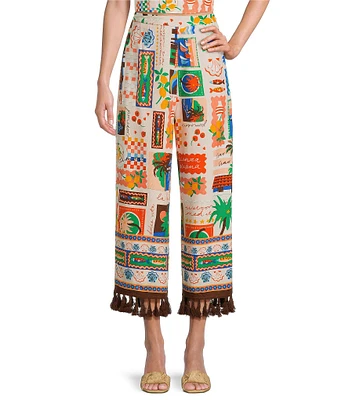 Sugarlips Coordinating Postcard Print High Waisted Wide-Leg Tassel Hem Pants
