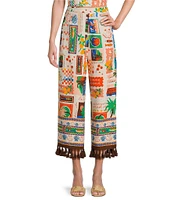 Sugarlips Coordinating Postcard Print High Waisted Wide-Leg Tassel Hem Pants