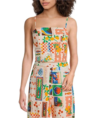 Sugarlips Coordinating Postcard Print Linen Blend Square Neck Sleeveless Top