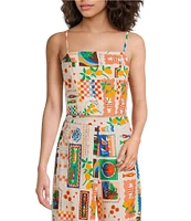 Sugarlips Coordinating Postcard Print Linen Blend Square Neck Sleeveless Top