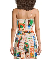Sugarlips Coordinating Postcard Print Linen Blend Square Neck Sleeveless Top