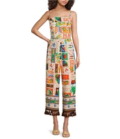 Sugarlips Coordinating Postcard Print Linen Blend Square Neck Sleeveless Top