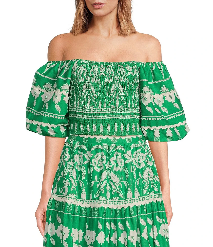Sugarlips Coordinating Printed Off The Shoulder Short Puff Sleeve Rick Rack Trimmed Smocked Crop Top