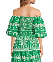 Sugarlips Coordinating Printed Off The Shoulder Short Puff Sleeve Rick Rack Trimmed Smocked Crop Top