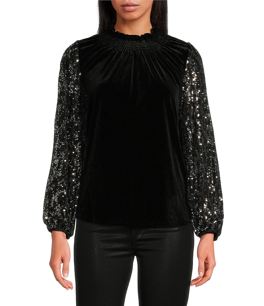 Sugarlips Destine City Michelle Velvet Leopard Sequin Mock Neck Long Sleeve Top