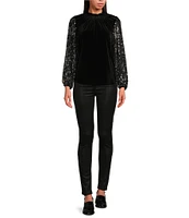 Sugarlips Destine City Michelle Velvet Leopard Sequin Mock Neck Long Sleeve Top