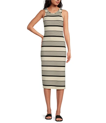 Sugarlips Devra Club Striped Ribbed Knit Crew Neck Sleeveless Midi Dress