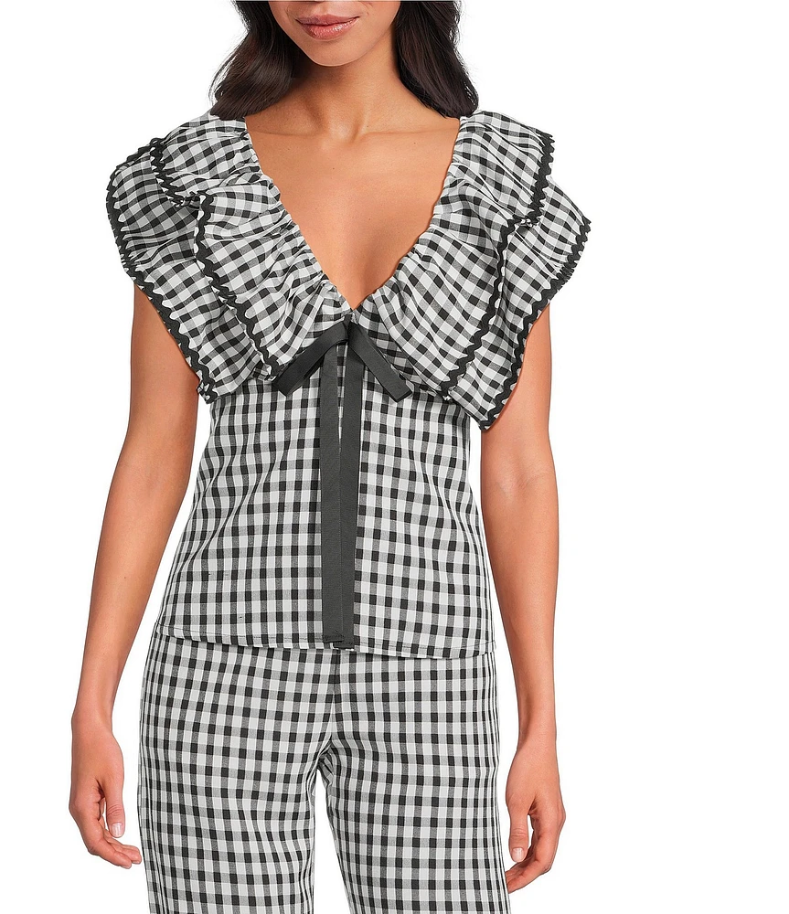 Sugarlips Dover Gingham Leot Ruffle V-Neck Cap Sleeve Babydoll Coordinating Top