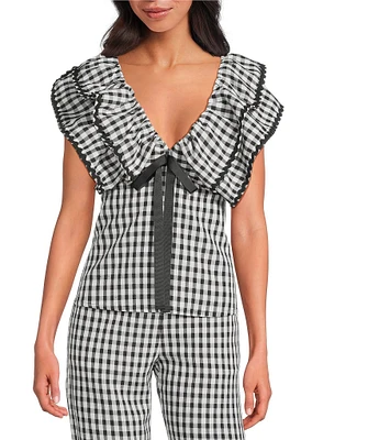 Sugarlips Dover Gingham Leot Ruffle V-Neck Cap Sleeve Babydoll Coordinating Top
