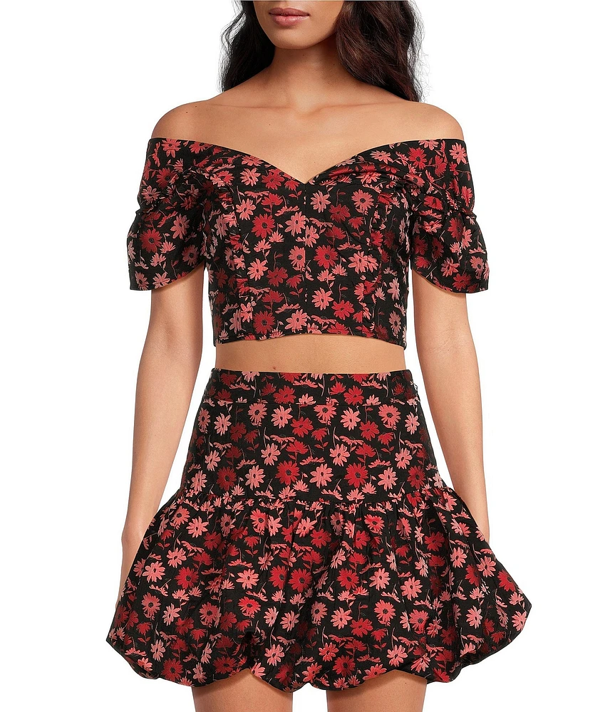 Sugarlips Floral Jacquard Off The Shoulder Neck Short Sleeve Coordinating Cropped Top