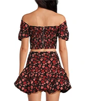 Sugarlips Floral Jacquard Off The Shoulder Neck Short Sleeve Coordinating Cropped Top