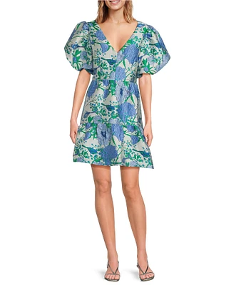 Sugarlips Floral Jacquard V-Neck Short Puff Sleeve Mini Dress