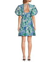 Sugarlips Floral Jacquard V-Neck Short Puff Sleeve Mini Dress