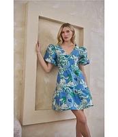 Sugarlips Floral Jacquard V-Neck Short Puff Sleeve Mini Dress