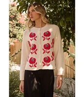 Sugarlips Floral Motif Crew Neck Long Sleeve Button Front Cardigan