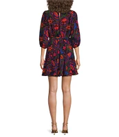 Sugarlips Floral Print Crew Neck Long Sleeve Waist Tie Mini Dress