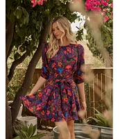 Sugarlips Floral Print Crew Neck Long Sleeve Waist Tie Mini Dress