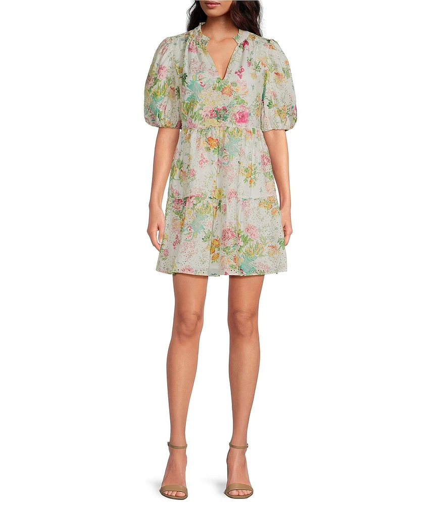 Sugarlips Floral Print Eyelet Short Puff Sleeve Mini Dress