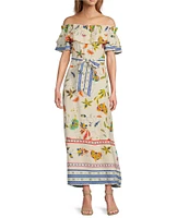 Sugarlips Floral Print Linen Ruffle Off the Shoulder Short Sleeve Maxi Dress